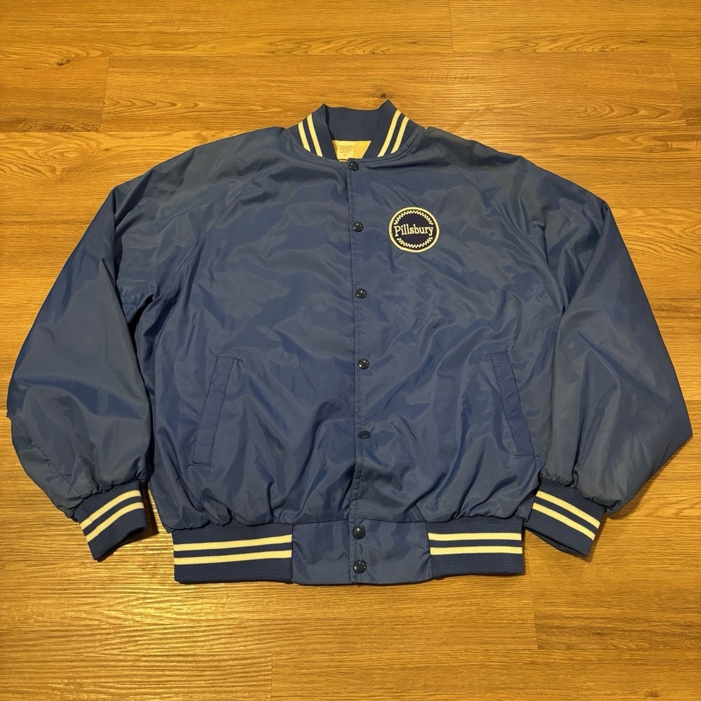 HTF Vintage 80s Jeno's Pillsbury Safety Award Satin Bomber Jacket Blue XL 1986